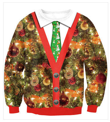 Unisex ugly Christmas jumper with an all-over 3D festive print - fairy lights with printed cardigan and tie