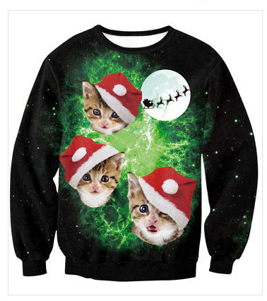 Unisex ugly Christmas jumper with an all-over 3D festive print - black kittens and moon