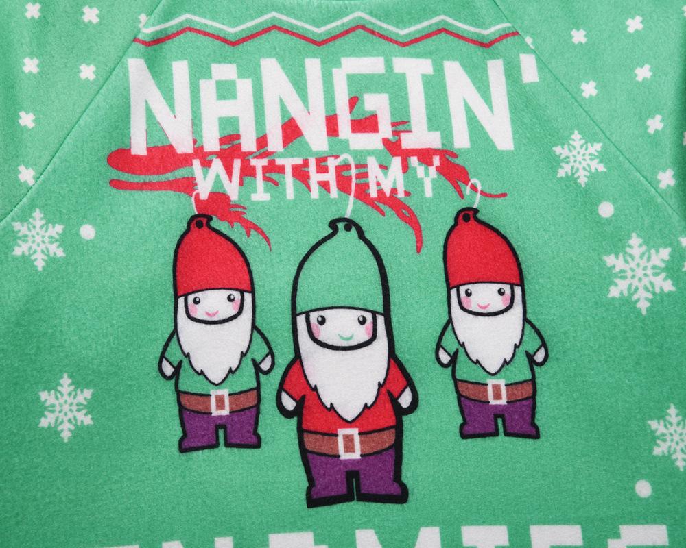 Women's ugly Christmas jumper with three gnomes, a slogan and snowflakes