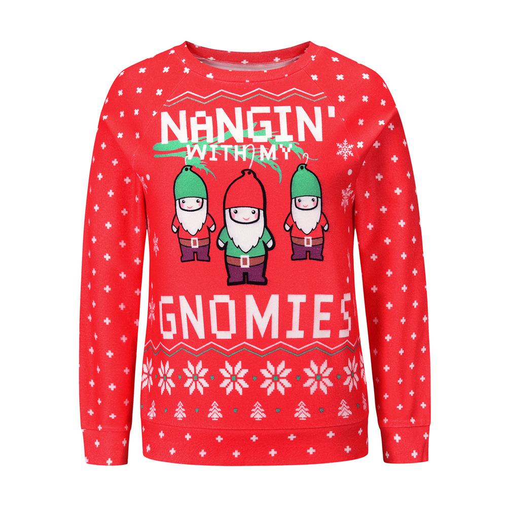 Women's ugly Christmas jumper with three gnomes, a slogan and snowflakes