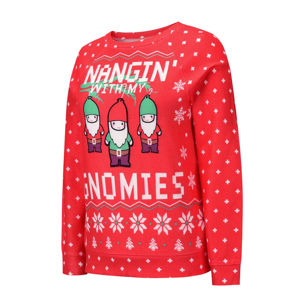 Women's ugly Christmas jumper with three gnomes, a slogan and snowflakes