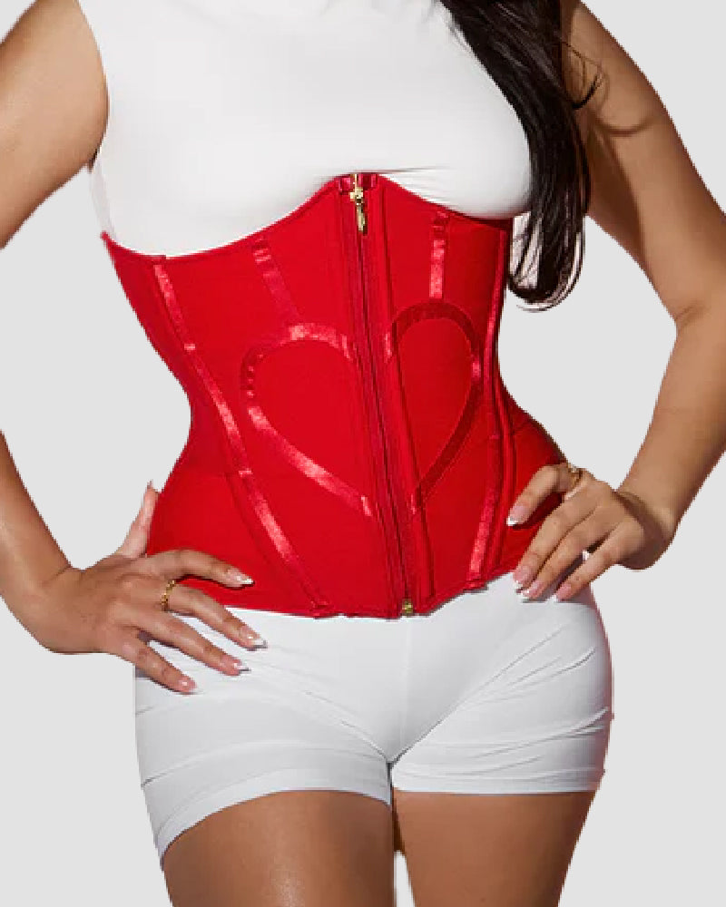 Underbust corset with a front zip, boning and heart-shaped trim - red