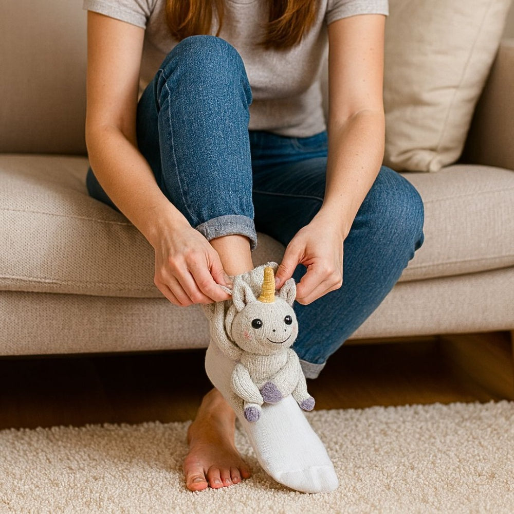 White unicorn socks with a knitted grey unicorn with a gold horn hugging the leg
