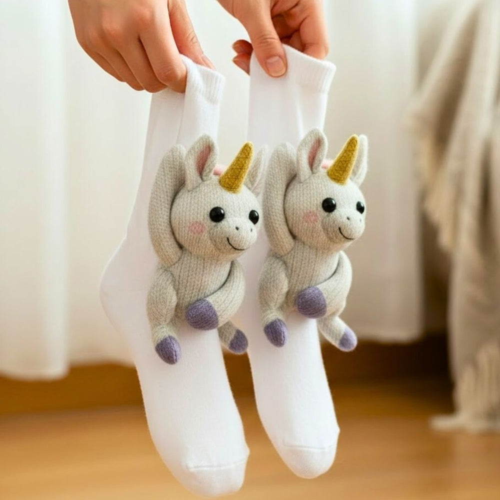 White unicorn socks with a knitted grey unicorn with a gold horn hugging the leg