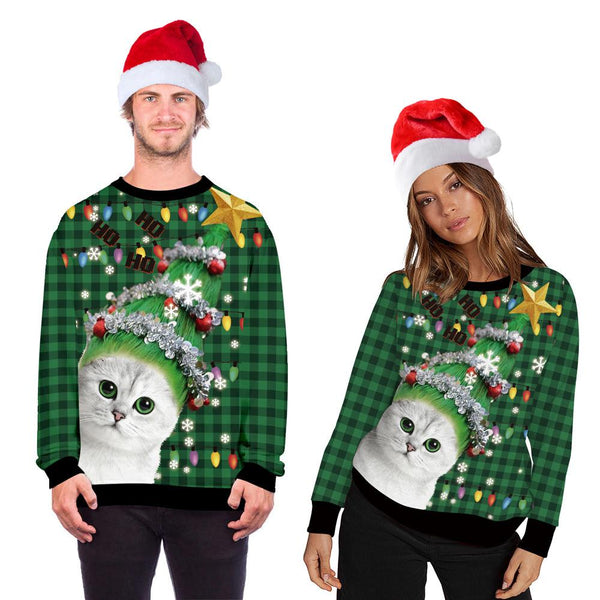 Unisex novelty Christmas jumper with an all-over cat print