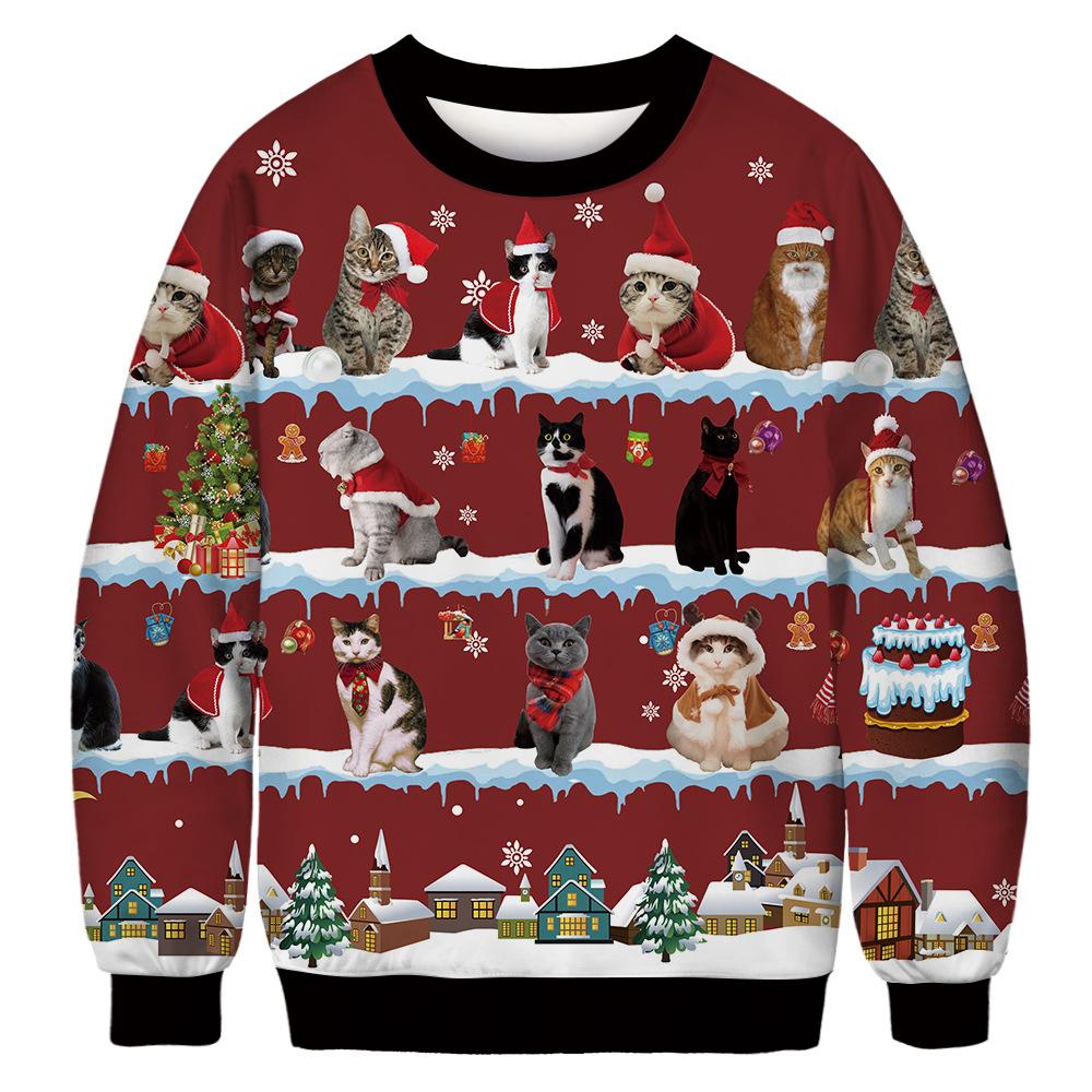 Unisex novelty Christmas jumper with an all-over cat print - red cats
