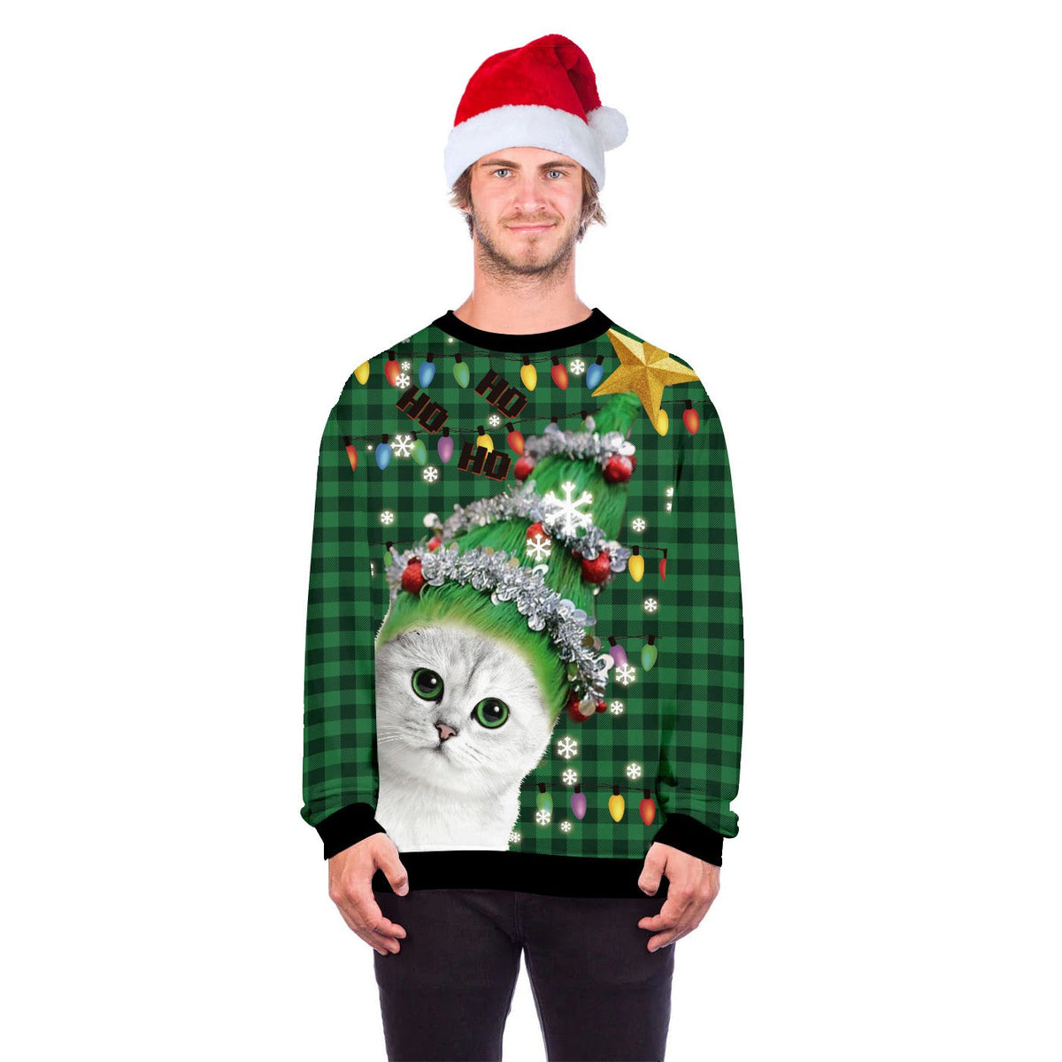 Unisex novelty Christmas jumper with an all-over cat print