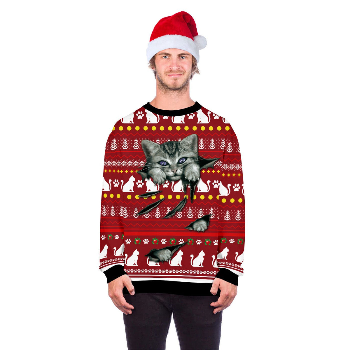 Unisex novelty Christmas jumper with an all-over cat print