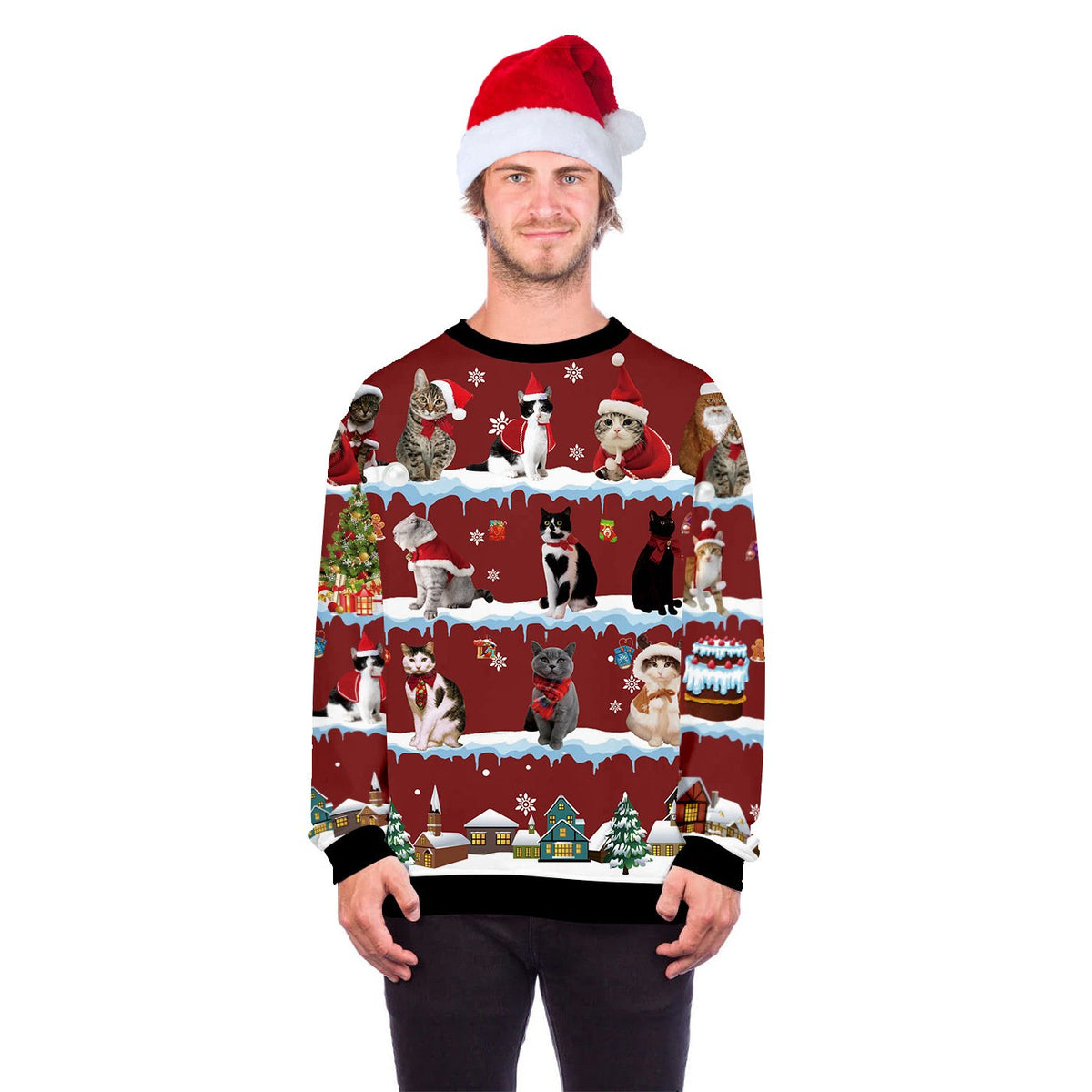 Unisex novelty Christmas jumper with an all-over cat print