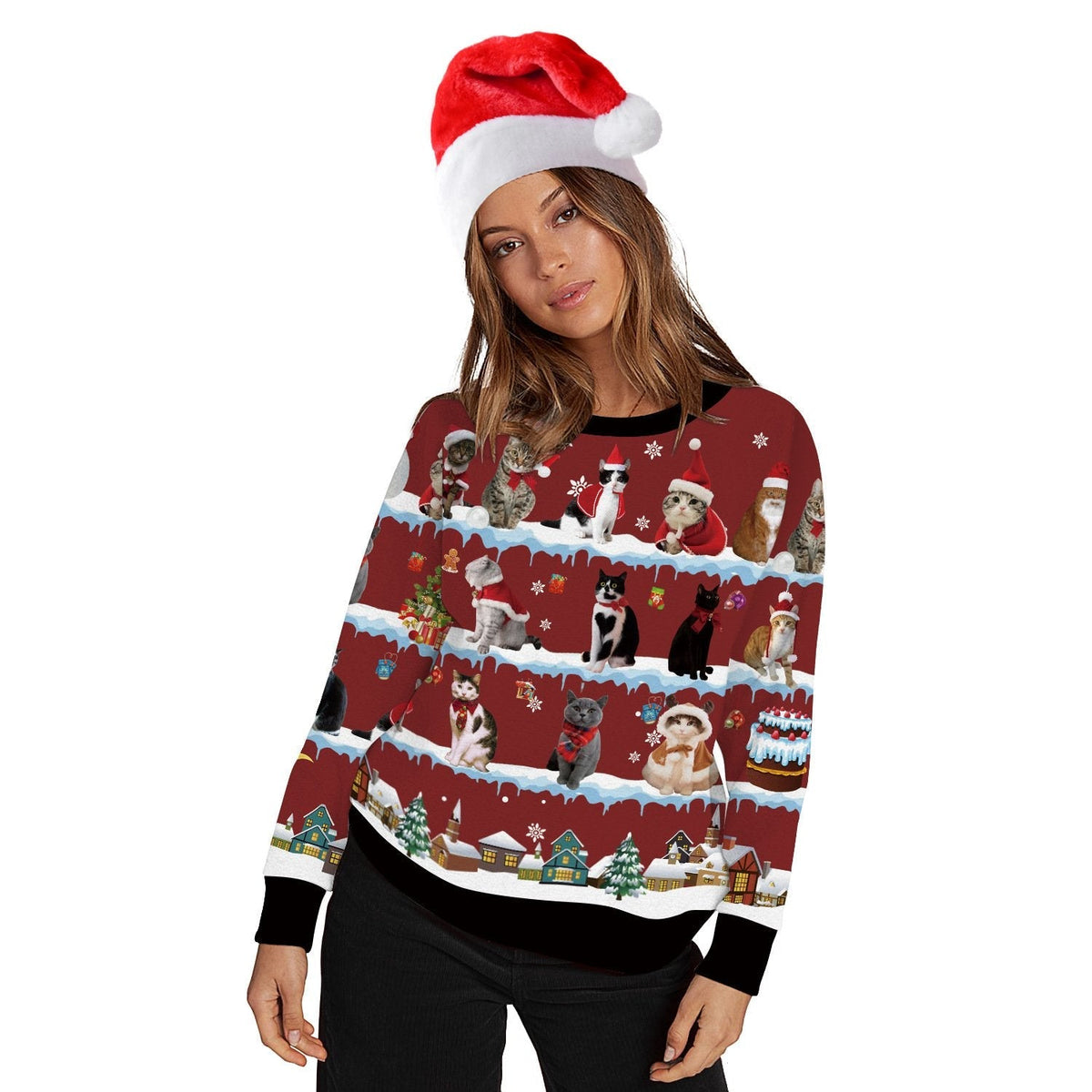Unisex novelty Christmas jumper with an all-over cat print