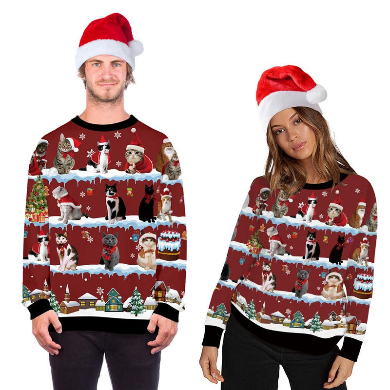 Unisex novelty Christmas jumper with an all-over cat print