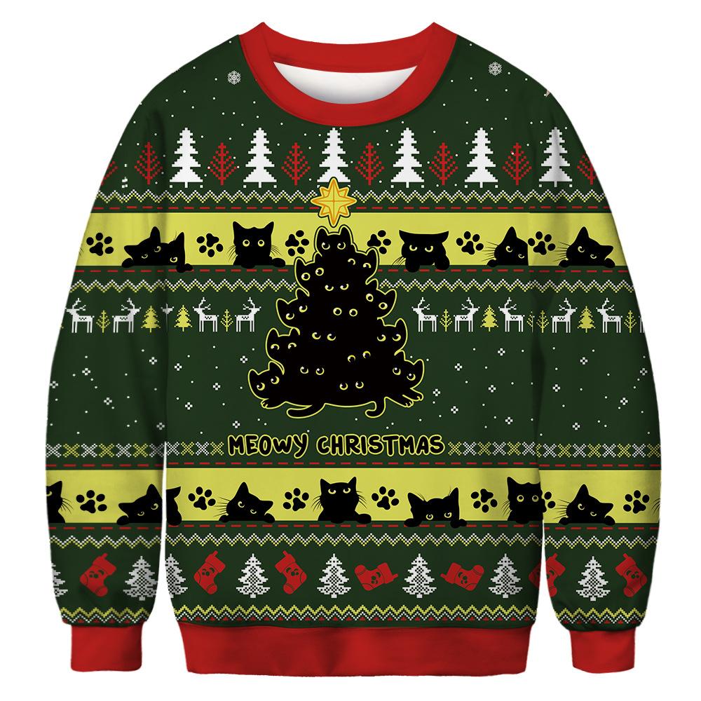 Unisex novelty Christmas jumper with an all-over cat print - green black cats