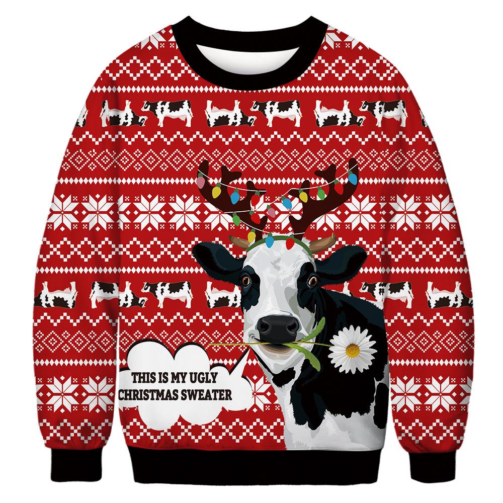 Unisex novelty Christmas jumper with an all-over cat print - red cow