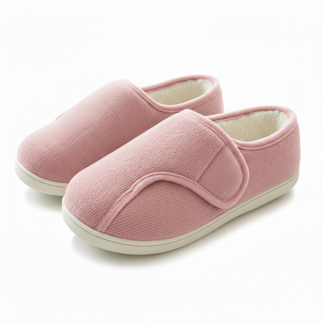 Extra-wide unisex slippers with an adjustable strap and a plush lining in pink