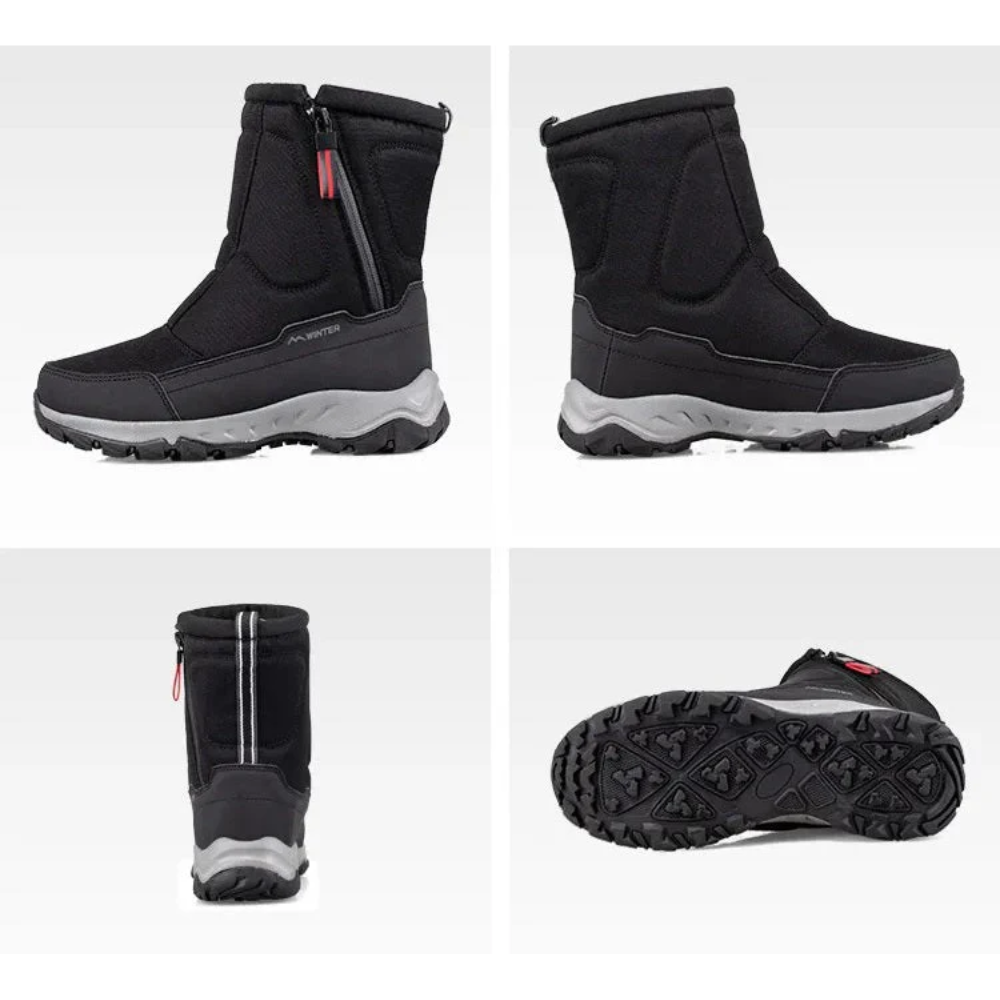 Unisex zip-front snow boots with teddy lining and lug sole