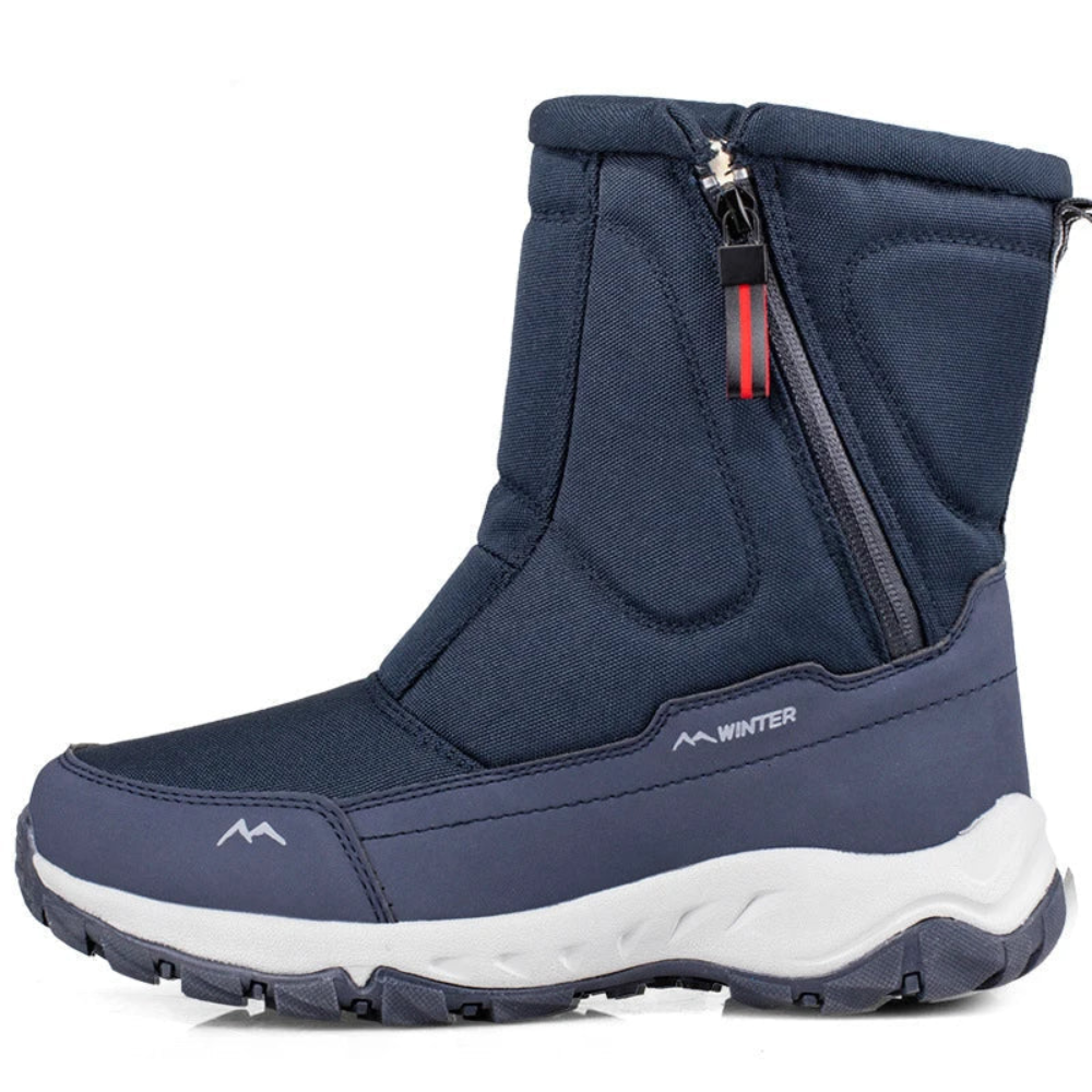 Unisex zip-front snow boots with teddy lining and lug sole