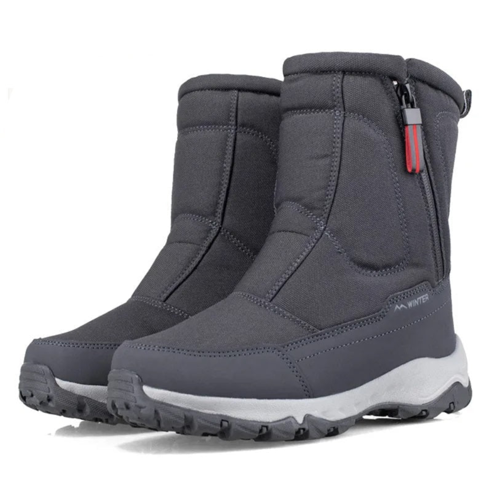 Unisex zip-front snow boots with teddy lining and lug sole