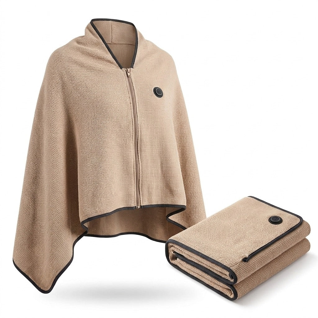 Heated wrap blanket with USB and three heat settings, worn as a cape - beige