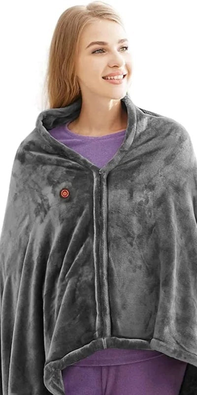 Heated wrap blanket with USB and three heat settings, worn as a cape - view 8