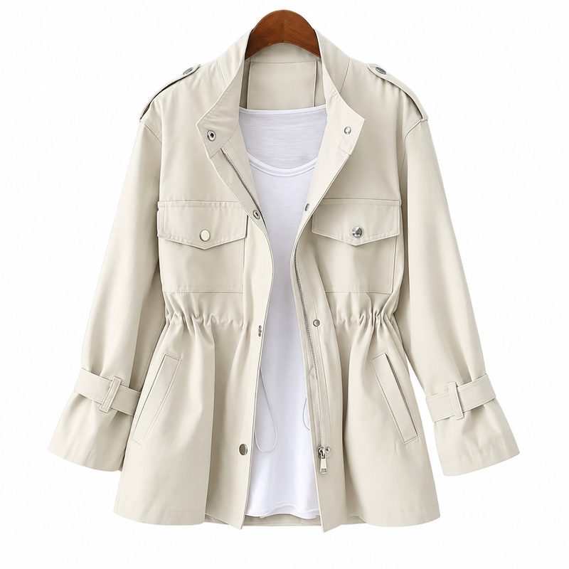Women's utility jacket with a stand collar and drawstring waist - off-white