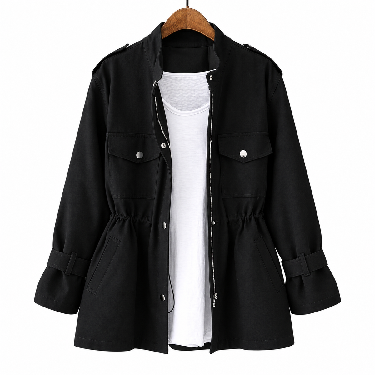 Women's utility jacket with a stand collar and drawstring waist - black