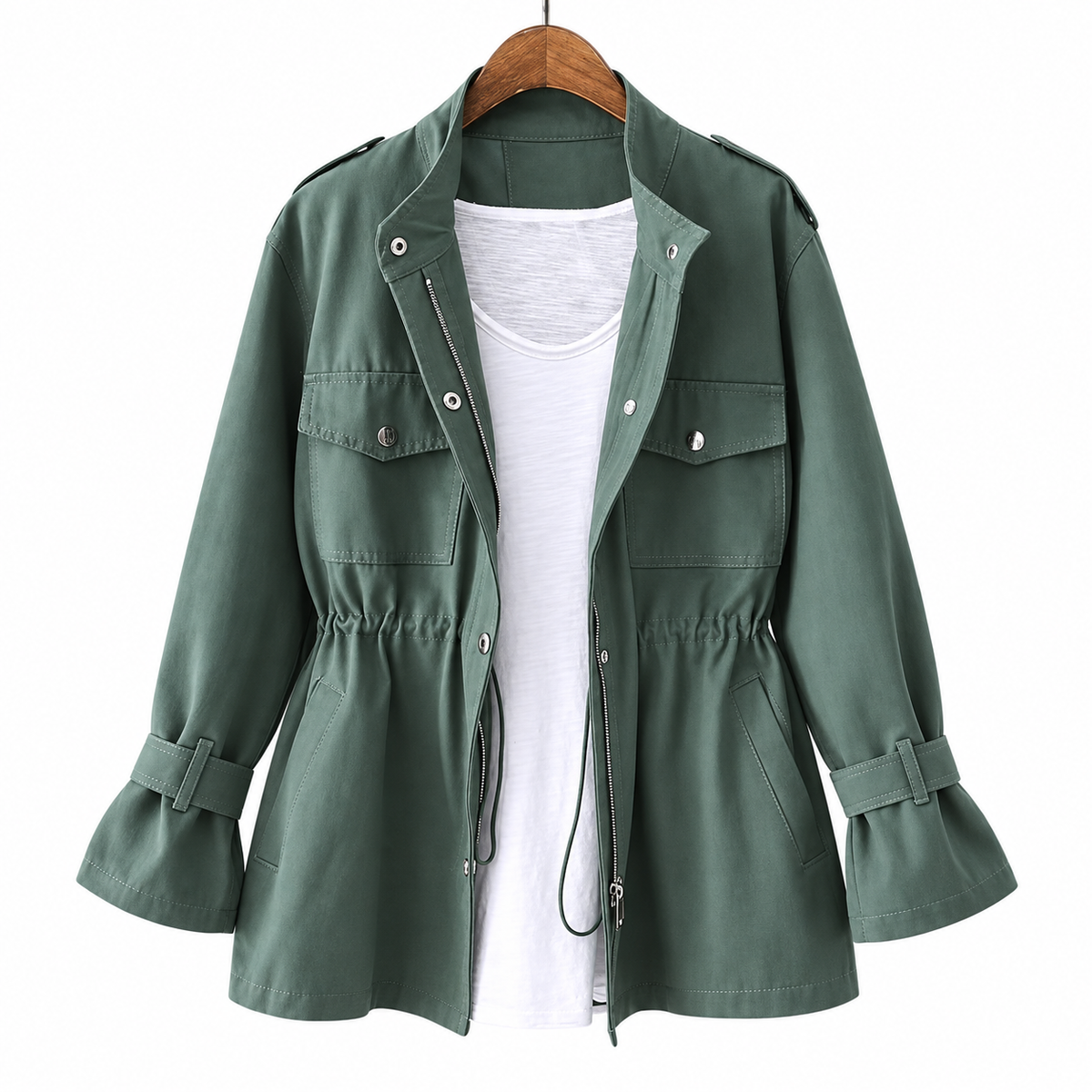 Women's utility jacket with a stand collar and drawstring waist - sage green