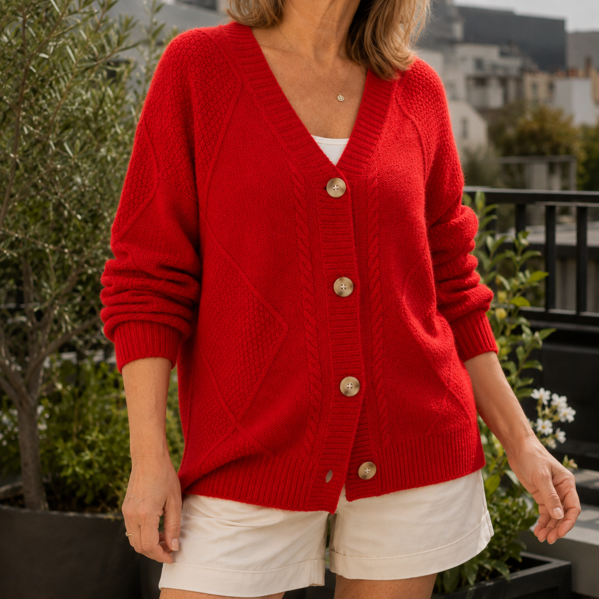Women's V-neck cable knit cardigan with a button front - red