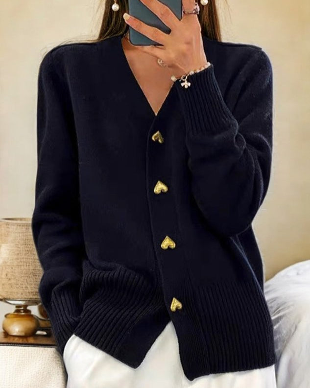 Women's V-neck knit cardigan with gold-tone heart buttons - navy
