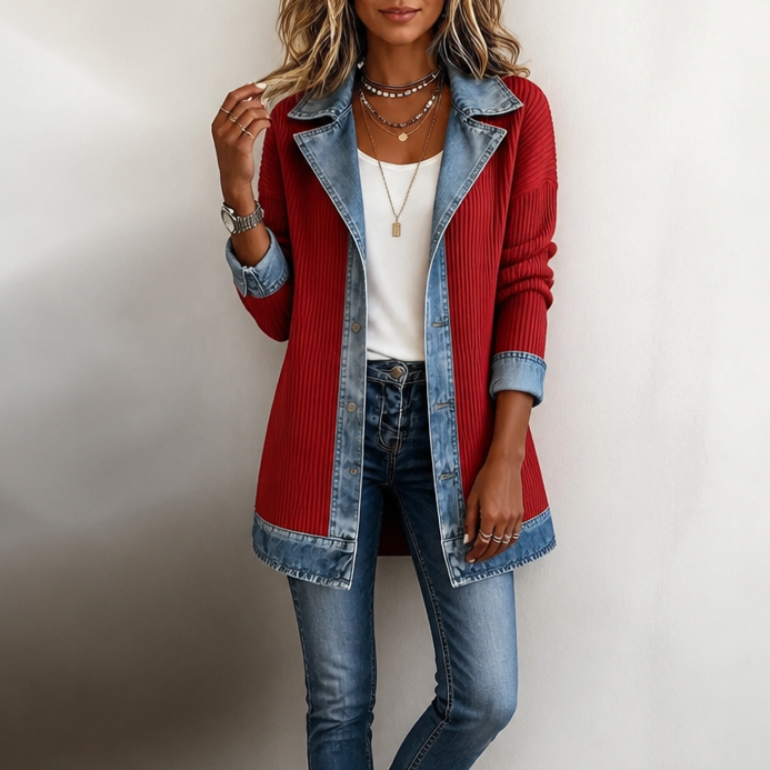 Women's ribbed knit jacket with denim collar in Red