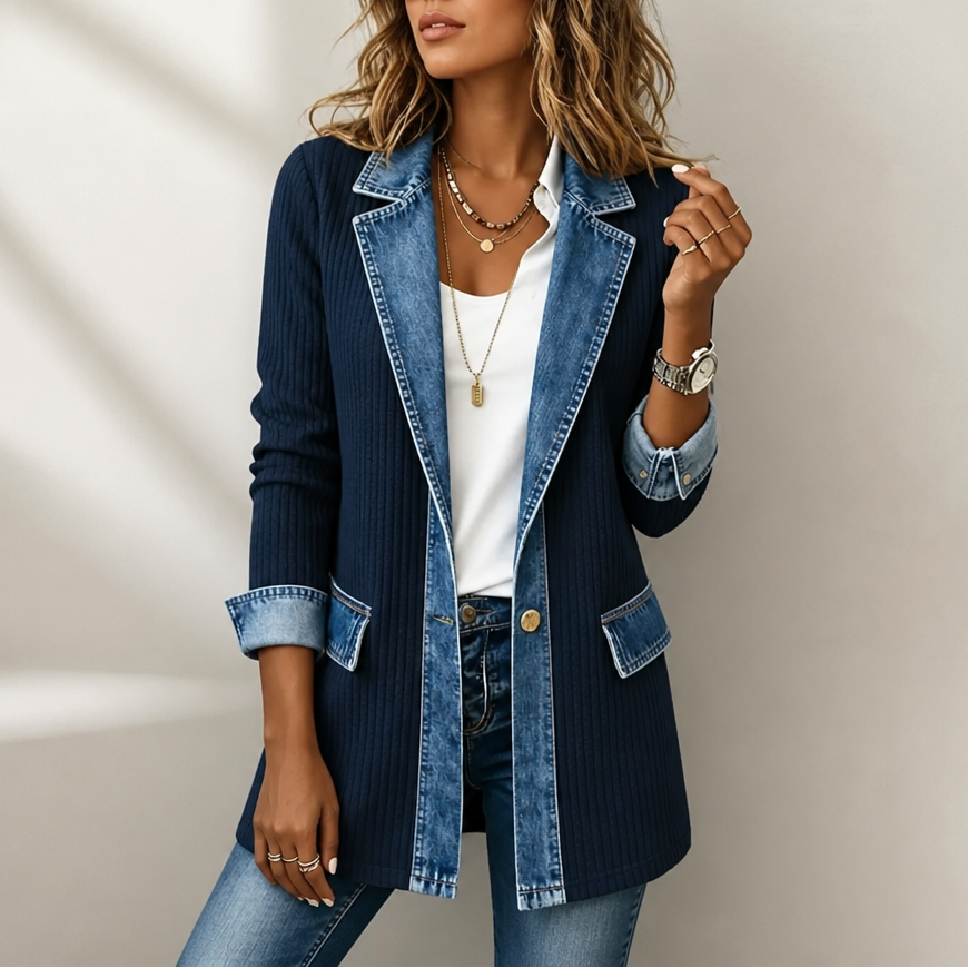 Women's ribbed knit jacket with denim collar in Navy