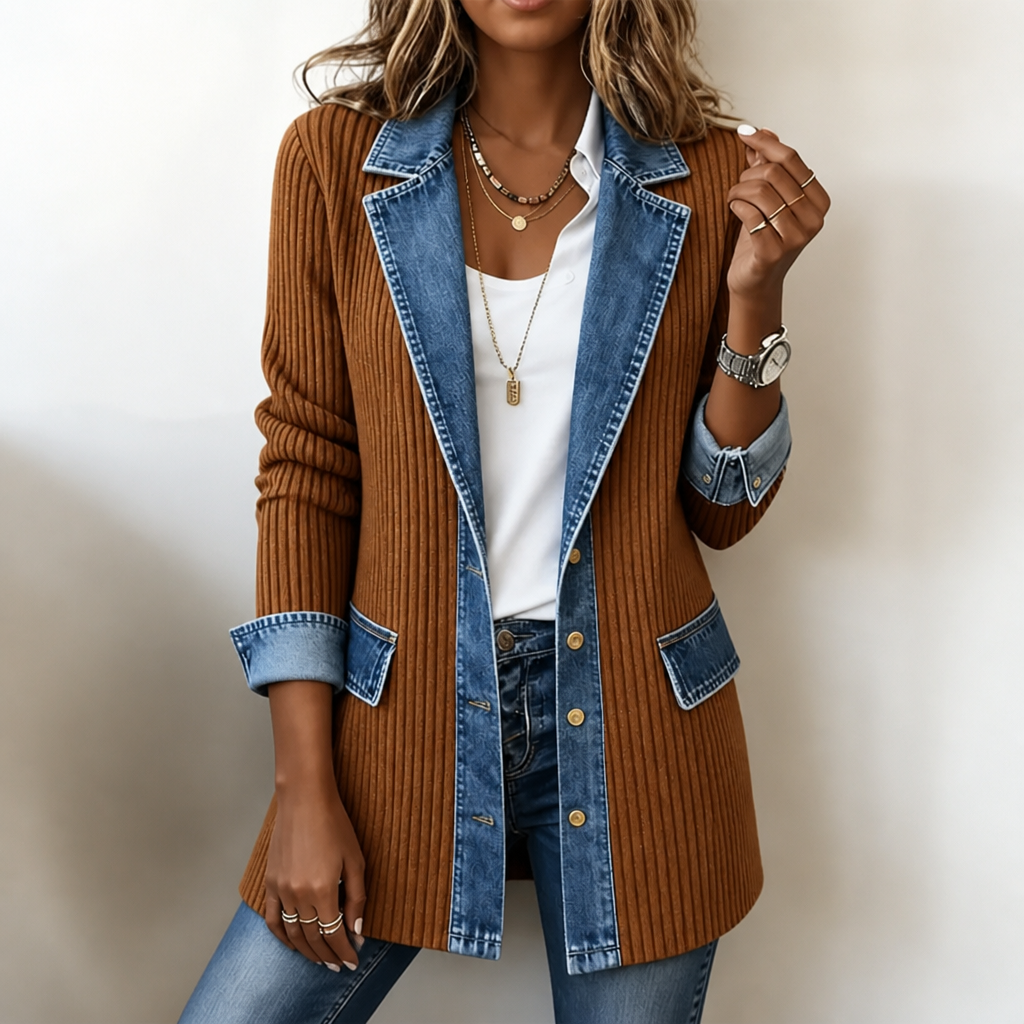 Women's ribbed knit jacket with denim collar in Rust