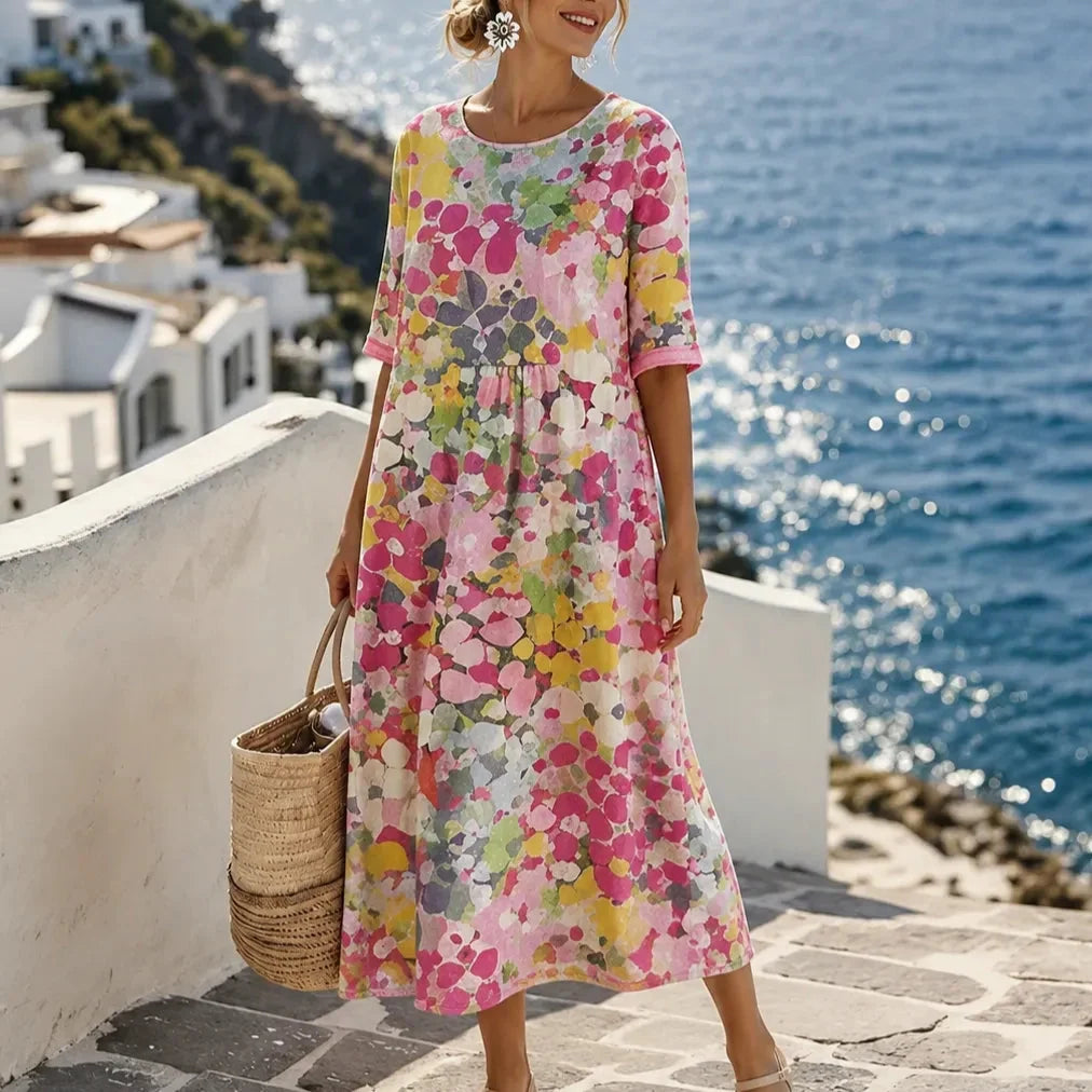 Women's loose floral midi dress in Pink Floral