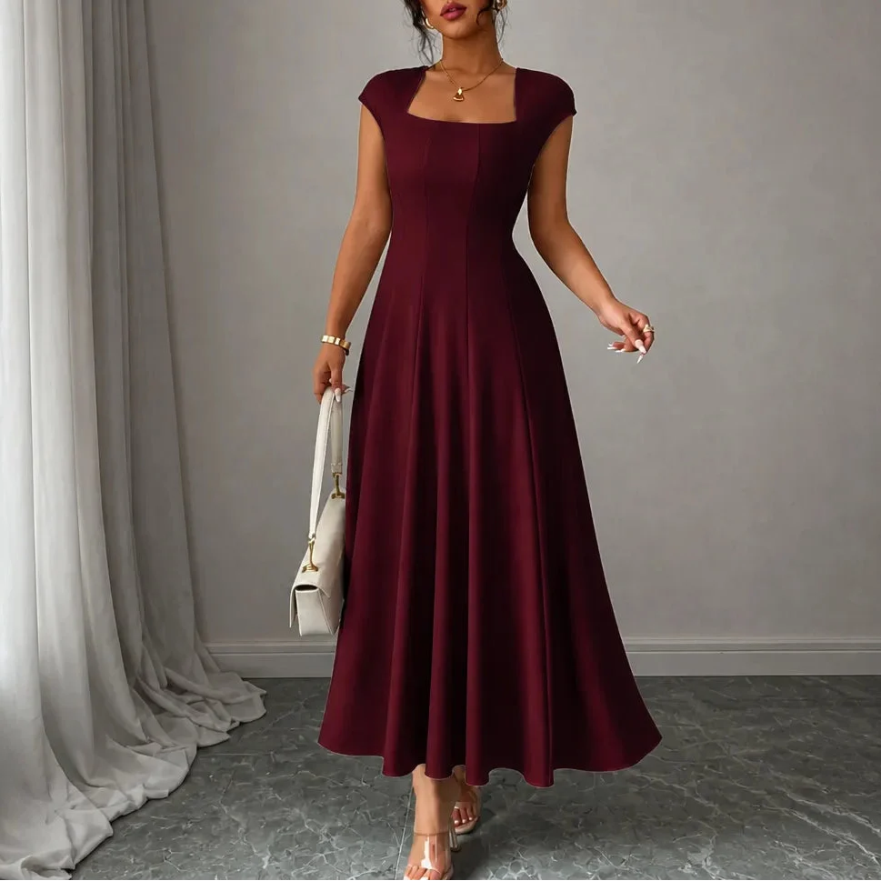 Women's square neck midi dress in Red