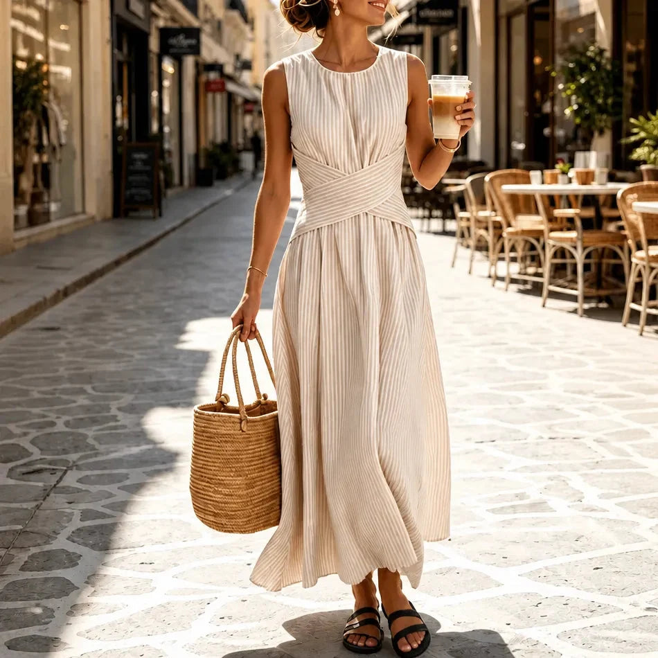 Women's striped maxi dress in Beige Stripe