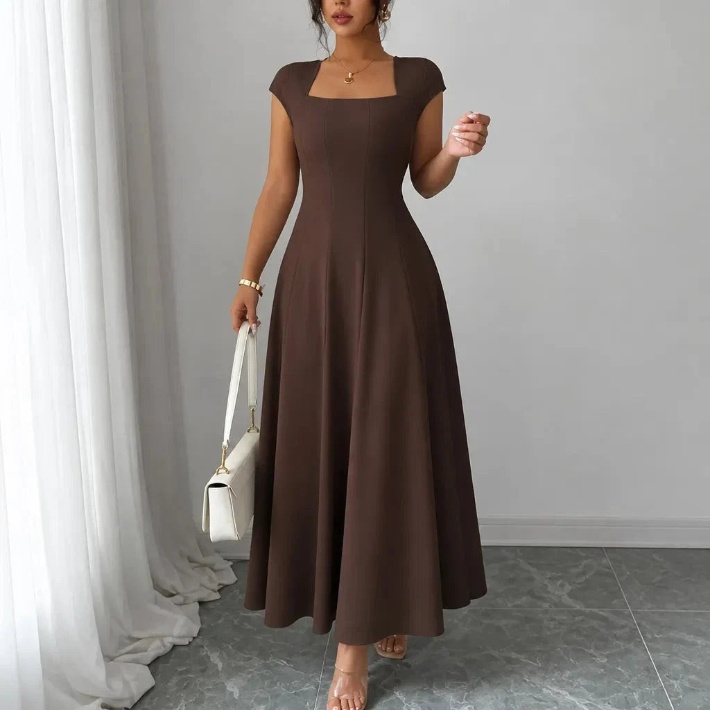 Women's square neck midi dress in Chocolate Brown