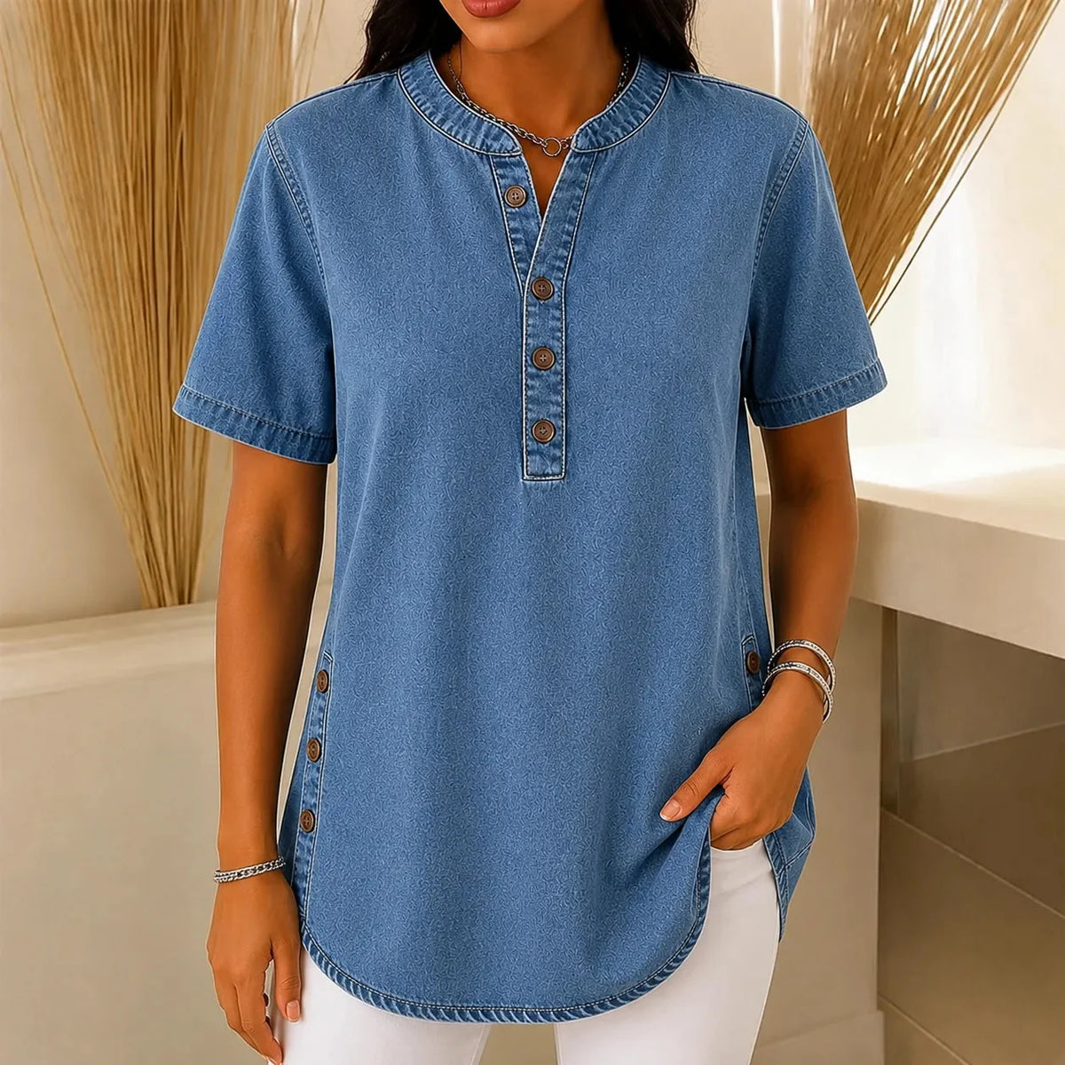 Women's denim-look tunic top in Medium Blue