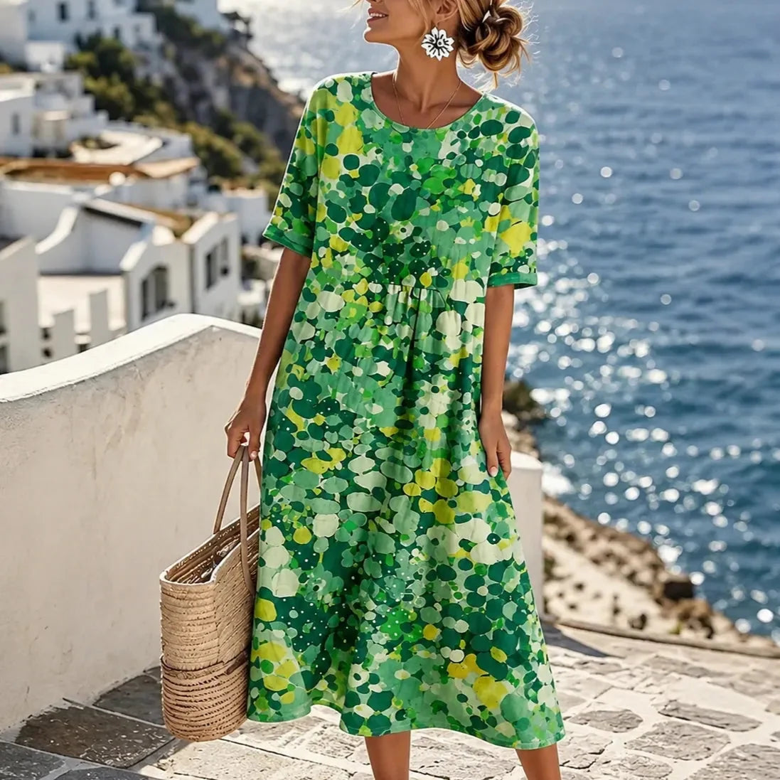 Women's loose floral midi dress in Green Floral