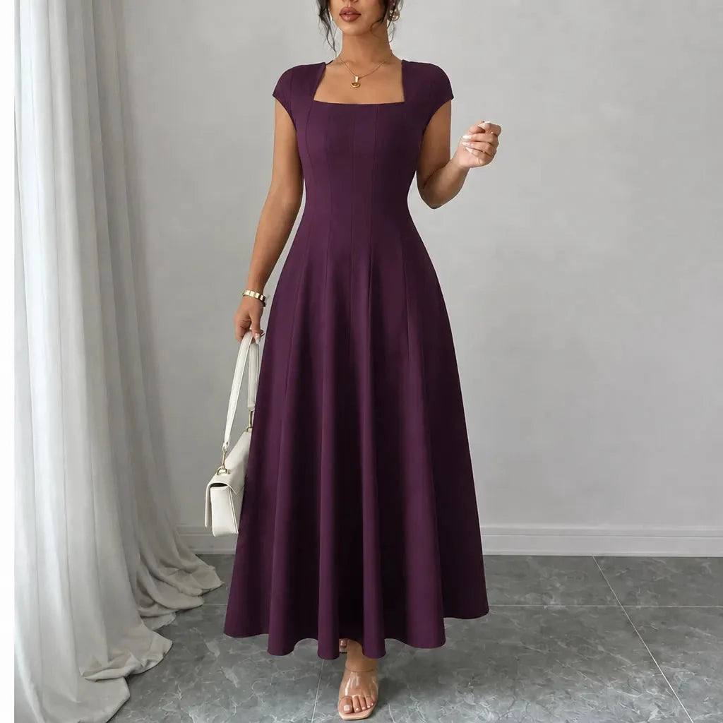 Women's square neck midi dress in Burgundy