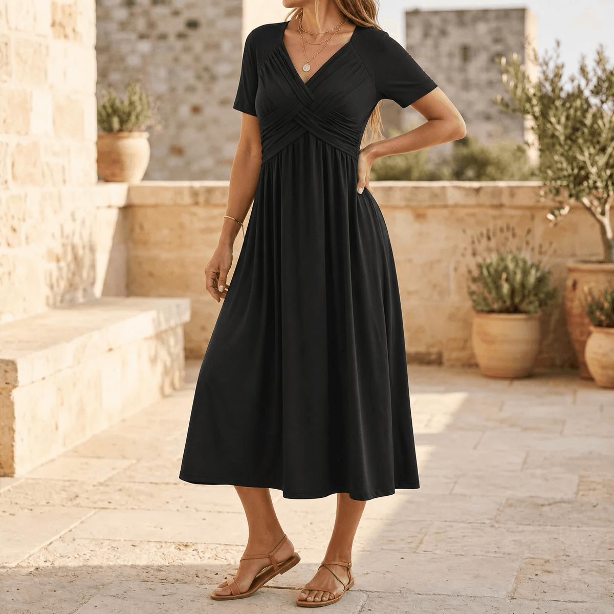 Women's crossover V-neck midi dress in Black