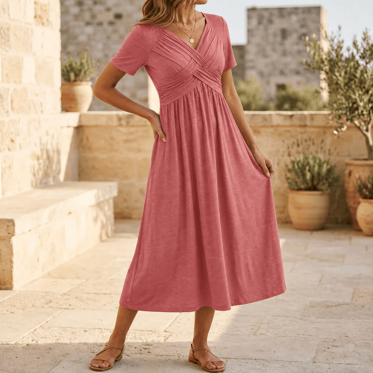 Women's crossover V-neck midi dress in Dusty Pink