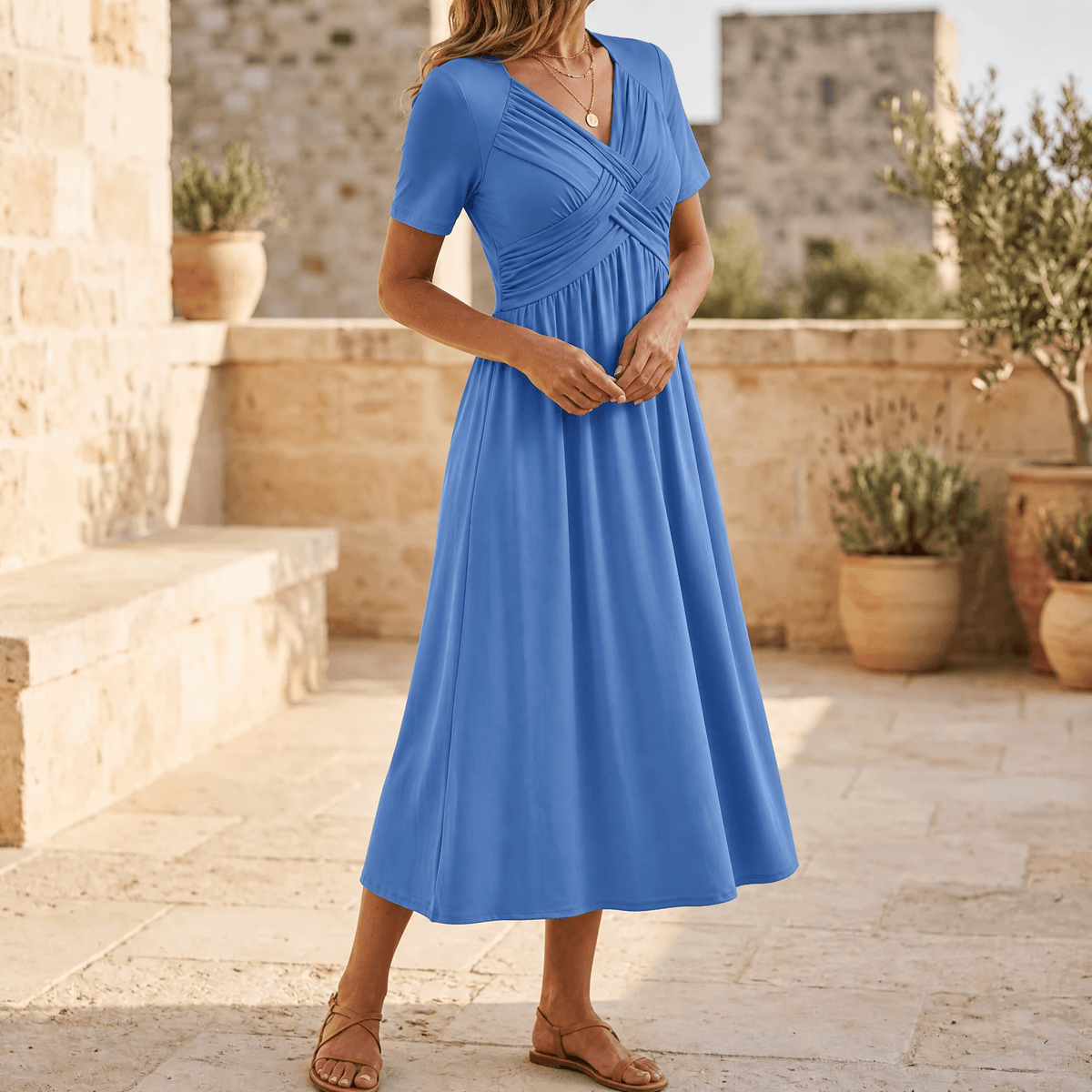 Women's crossover V-neck midi dress in Powder Blue