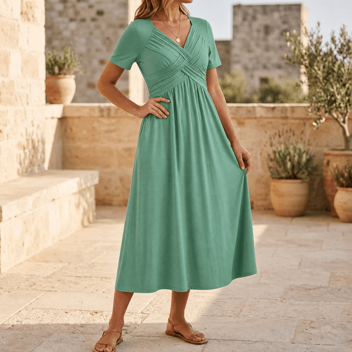 Women's crossover V-neck midi dress in Sage Green