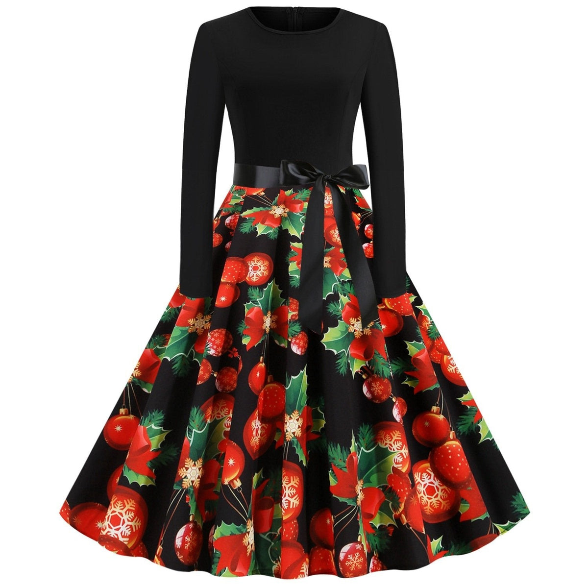 Women's vintage Christmas swing dress with a black bodice and bauble print skirt
