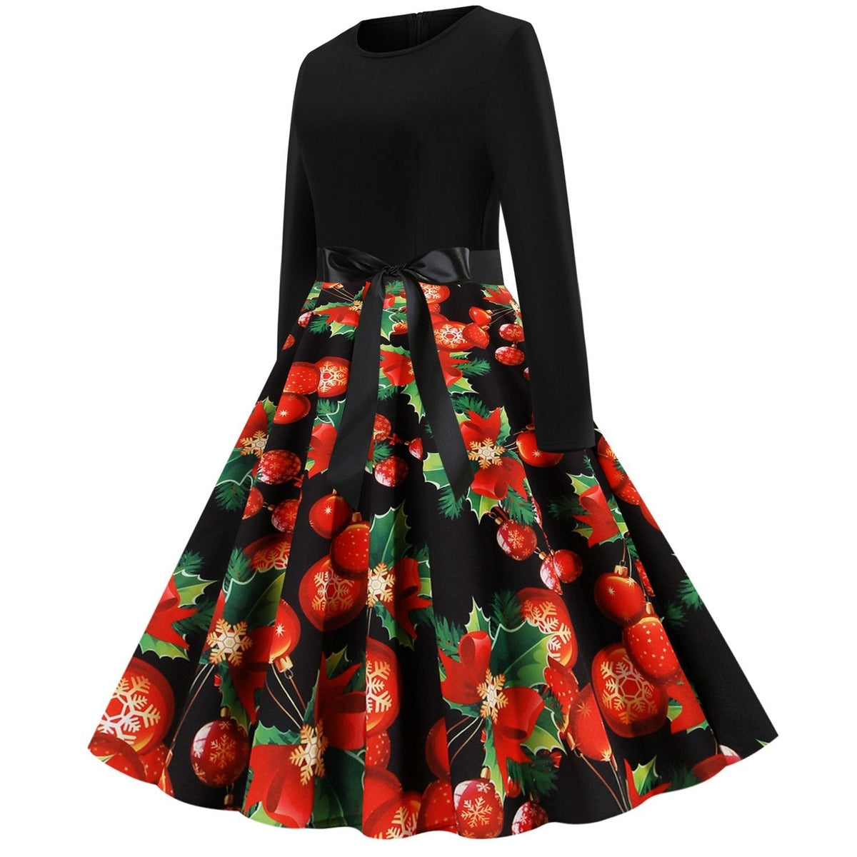 Women's vintage Christmas swing dress with a black bodice and bauble print skirt