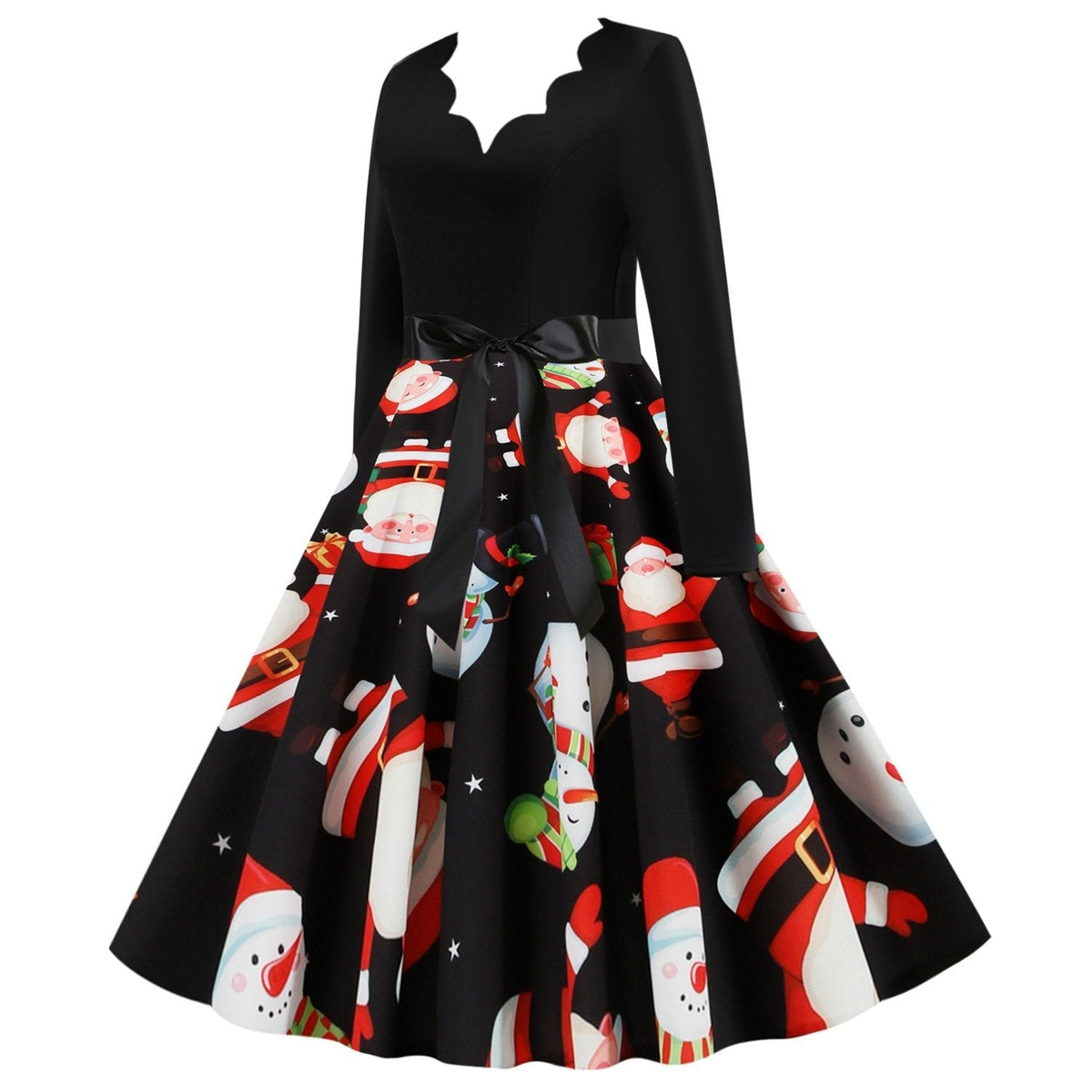 Women's vintage Christmas swing dress with a scalloped V-neck and printed full skirt