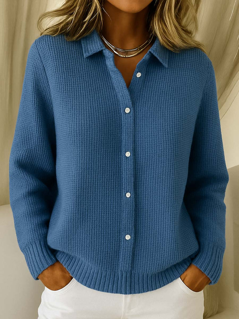 Women's waffle knit cardigan with a shirt collar and small buttons - denim blue