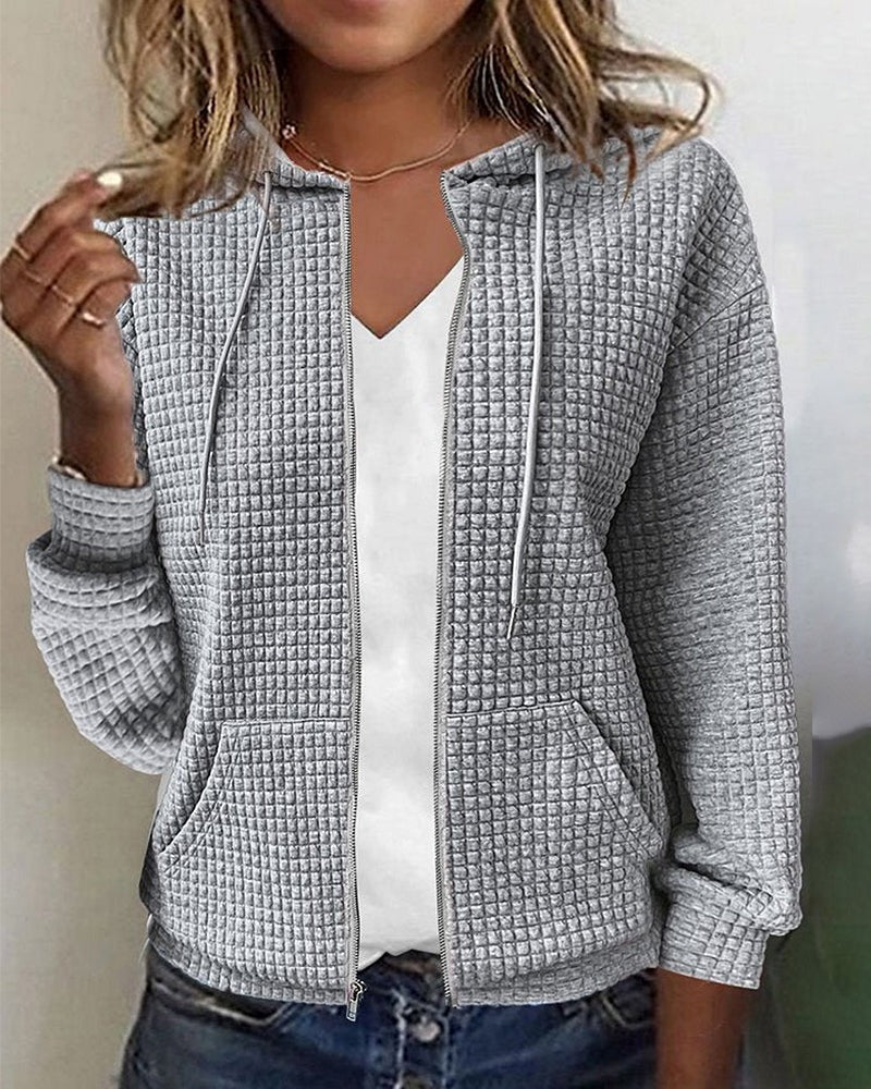 Women's waffle knit zip cardigan with a hood and front pockets - grey