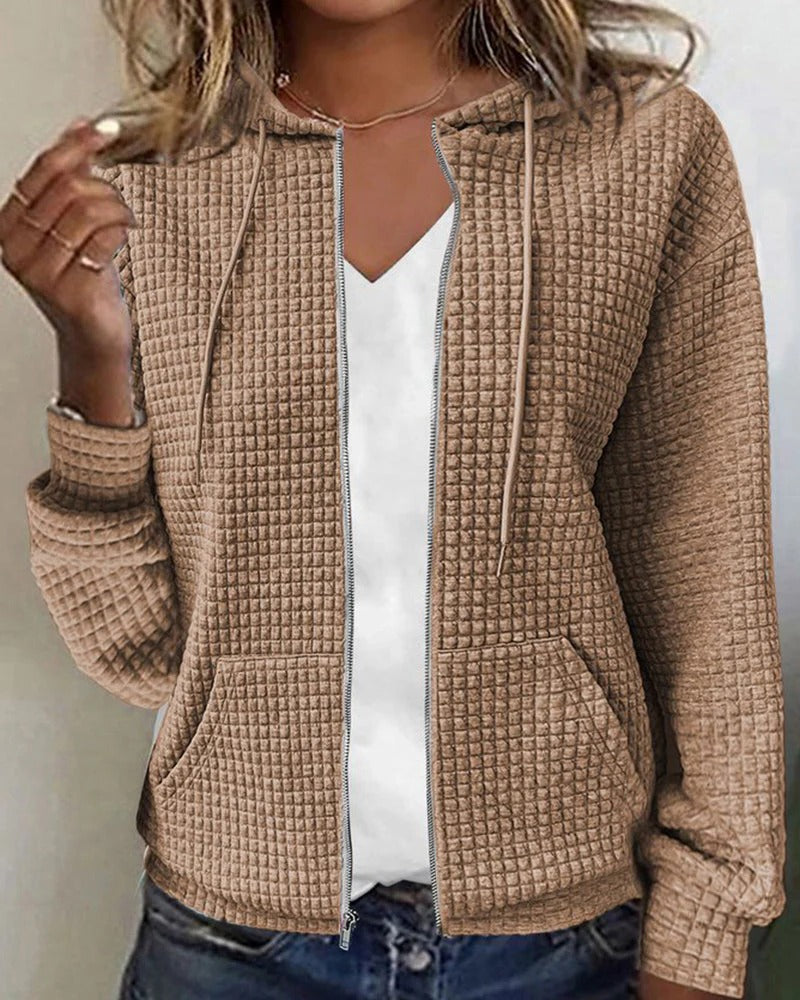 Women's waffle knit zip cardigan with a hood and front pockets - camel
