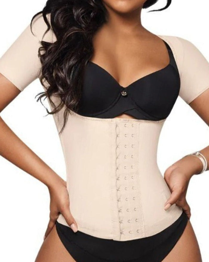 Waist cincher with short sleeves, open bust and a three-row hook-and-eye front - nude