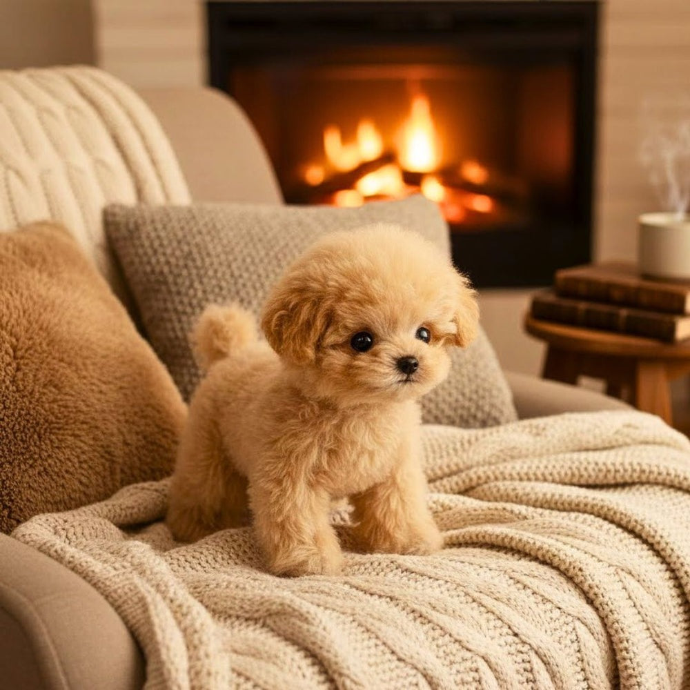 Plush poodle toy with curly fur, black eyes and a curled tail, standing on four legs - cream